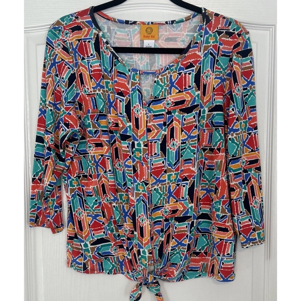 Ruby Rd Multicolor Geometric Knit Blouse Women Large 3/4 Sleeve Front Knot Top